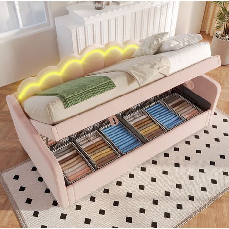 Sofá cama de terciopelo rosa 90x200 cm con almacenaje hidráulico y LED, sin colchón (1/5)