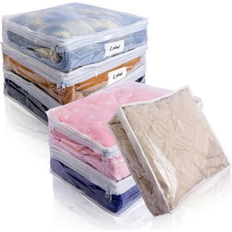 Sacs de rangement transparents et blancs pour vêtements, 40 x 35 x 10 cm, lot de 6 pochettes de rangement pliables à fermeture éclair (1/5)