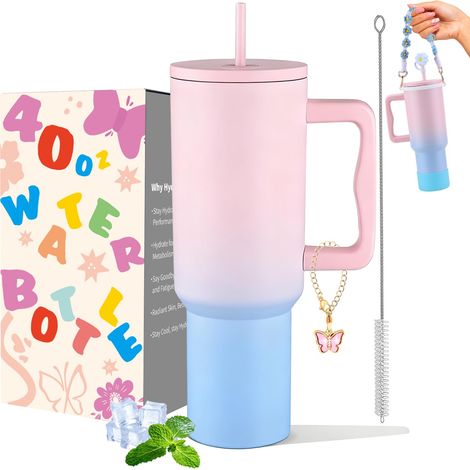 Gobelet de 1200 ml avec poignée, paille et 6 accessoires de tasse – Tasse de voyage sans BPA – Facile à transporter – Passe au lave-vaisselle – Cadeau de vacances pour homme et femme (1/5)