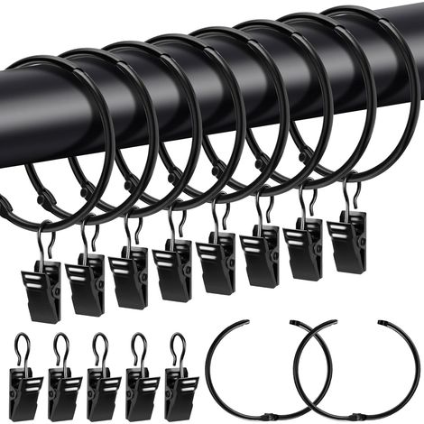 Lot de 20 Anneaux de rideau, Métal noir, Diamètre 50 mm, Avec clips, Pour tringle jusqu'à 46 mm, Salon chambre (1/5)