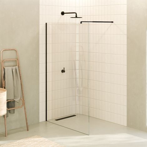 Mampara de ducha Walk-In FIONA 160 x 200 cm, panel fijo de cristal templado transparente 10 mm, barra 22BM y perfil inox negro mate - MOG (1/5)