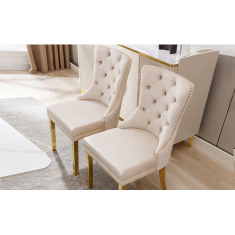 Fauteuil de Salle à Manger (Chaise de Cuisine et Salon avec Poignée de Porte Unique au Dossier, Lot de 2), Siège Rembourré à Clous Tapissiers, Pieds en Acier Inoxydable Doré, Revêtement en Velours, Be (1/5)