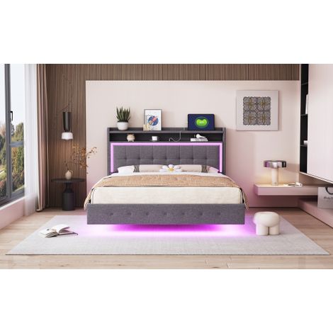 Lit rembourré , avec prise USB et lampe LED, sommier escamotable, pieds dissimulés, lit double plat