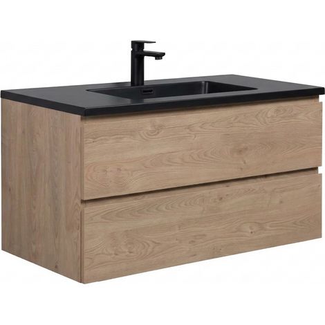 Set mobili da bagno Angela 100 cm – Rovere castagno – Mobile da bagno con lavabo nero