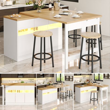 AusziehbarerBartischmitLED-Beleuchtungund360°Drehfunktion,Längenverstellbar120-180cm,ModernerKücheninselTischmitStauraum,fürWohnzimmer,Esszimmer,Homeoffice,Weiß (1/5)
