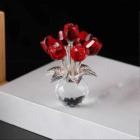 Bouquet de roses rouges avec vase rond, figurines, cadeaux pour femmes, ornement de bouquet en verre, cadeau romantique, centre de table (1/5)