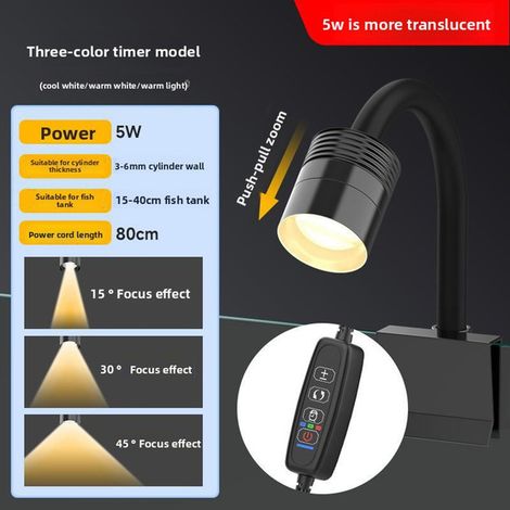 Mini spot LED pour aquarium de 15 à 40 cm Lampe pince submersible réglable à 360° Éclairage d'aquarium étanche avec minuterie et 3 modes de couleur Blanc chaud Froid Spot zoomable pour petits réservoi