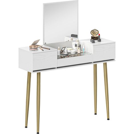 Elegante toeletta per il trucco con specchio quadrato e cassetti organizer 105,5x30x130,5 cm Bianco e Oro