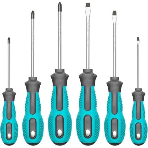 Ce jeu de tournevis magnétiques comprend 3 tournevis cruciformes, 3 tournevis plats et un tournevis à douille professionnel avec une poignée antidérapante et rembourrée. (1/4)