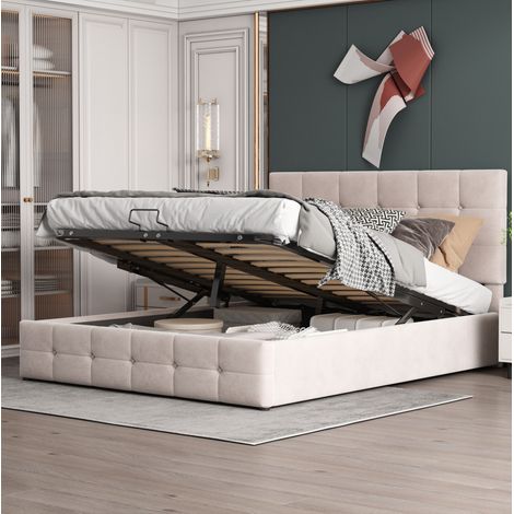 Cama doble tapizada con almacenamiento hidráulico OKMYHOME (1/5)
