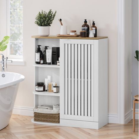 MEUBLIV Armario esquinero de baño blanco y roble 68x25x76 cm, estantes regulables (1/5)