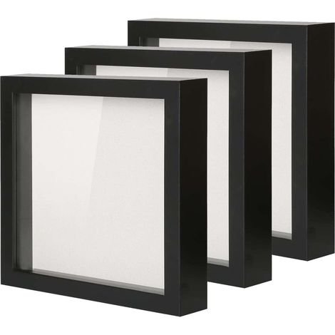 Lot de 3 cadres photo 3D à remplir - 20 x 20 cm de profondeur - Avec vitre en verre - Forme carrée - Cadeau pour la famille et les amis - Noir (1/5)