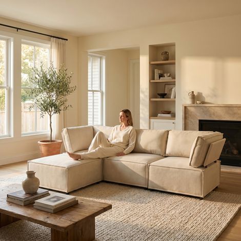 Conjunto de sofá modular semi-comprimido de madera, versátil, flexible y fácil de conectar, adecuado para cualquier tipo de hogar, tela de lino beige (combinación 2A+B+C) (1/5)