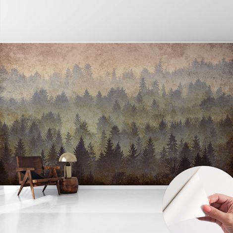 Papier peint autocollant avec imprimé pour décoration intérieure pour rénovation a motif Brume forestière 416x254 cm (1/5)