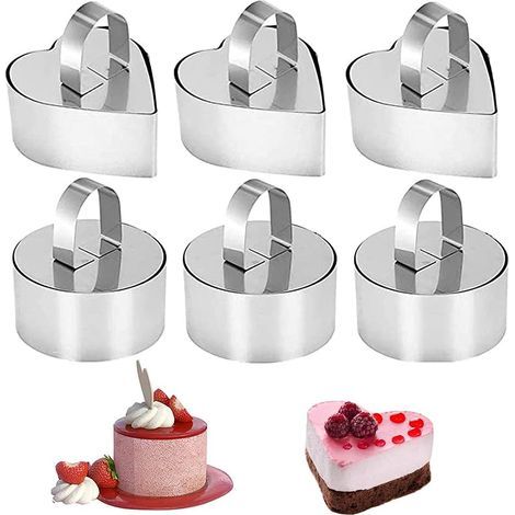 Tortenringe aus Edelstahl, Mini-Backringe, Mousse-Ringe aus Edelstahl mit Backgriffen, runde herzförmige Backdekorationen, zur Zubereitung von Mousses, Salaten und Desserts, 6-teiliges Set (3 Herzen,