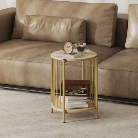 Mesita auxiliar, mesita de noche con 2 niveles, estante de almacenamiento y estructura de acero, Ø 41 x 49 cm, efecto madera natural.