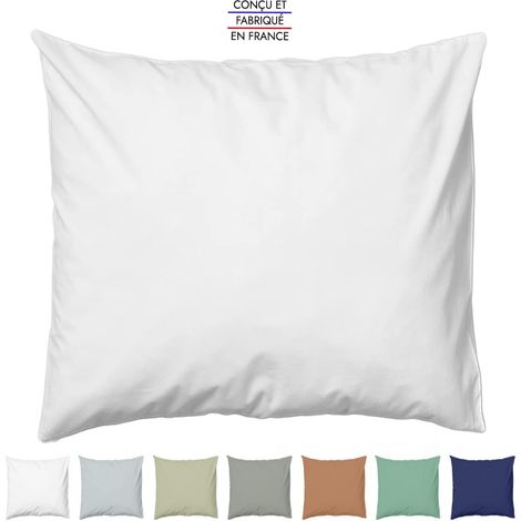 Taie d'oreiller - Blanc Unie - 65x65cm - 100% Coton - Tissage serré - Finition Sac - Fabriqué en France (1, Blanc, 65x65cm) (1/5)