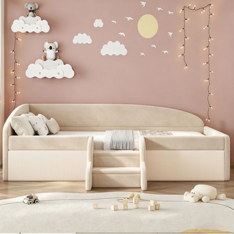 Lit simple enfant 90x190 cm en velours beige, gain de place pour chambre, sans matelas FloraGrace (1/5)