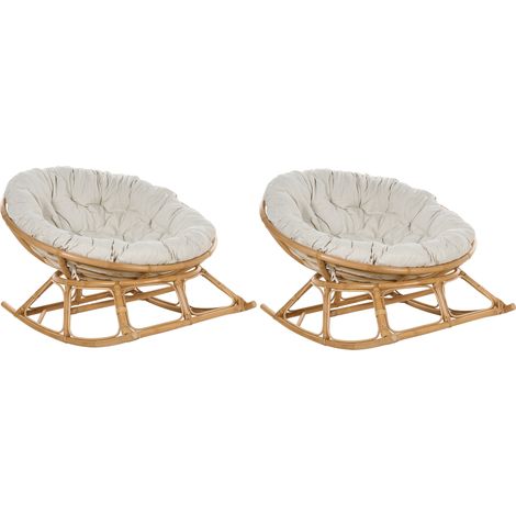 Conjunto de 2 sillas mecedoras boho ratán beige claro cojines tela algodón resistencia media interior natural Orvieto (1/5)