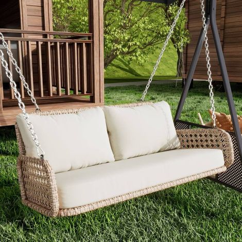 Balancelle suspendue 2 places en résine tressée beige avec coussins lavables