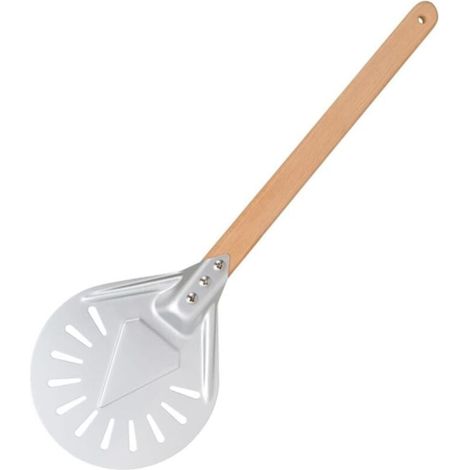 spatule à pizza ronde-7Spatule à pizza anodisée perforée de 2,5 cm - avec40 cmPoignée plate ronde en bois (1/5)
