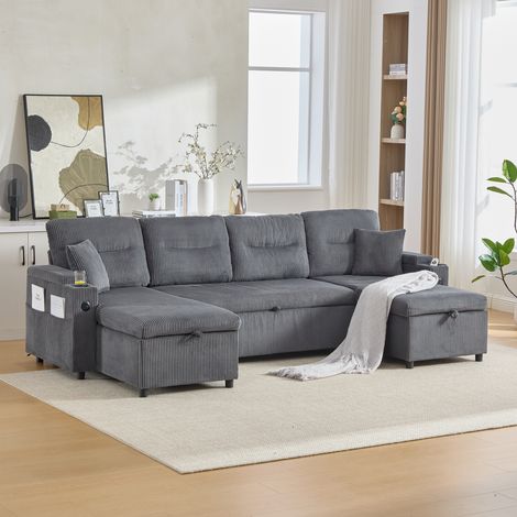 Divano letto angolare a 4 posti con chaise longue doppia, contenitore, portabicchieri, USB Type-C, velluto a coste grigio carbone (1/5)