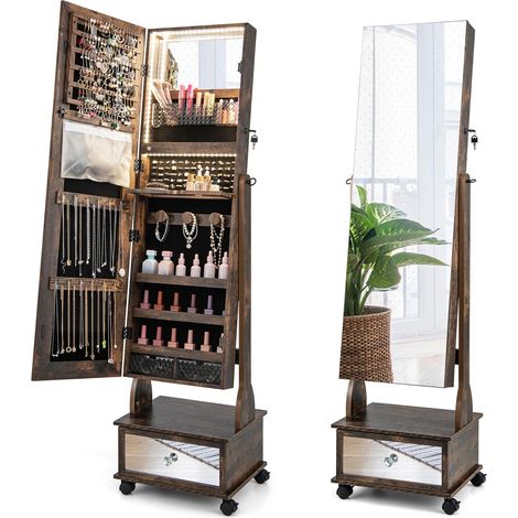 COSTWAY Armario para Joyas, Espejo Joyero de Pie Con Luces LED de 3 Colores, Espejo de Pie Cuerpo Entero con Cerradura, Cajón y 4 ruedas, Almacenamiento de Joyas Con Espejo de Maquillaje (Intustiral) (1/5)