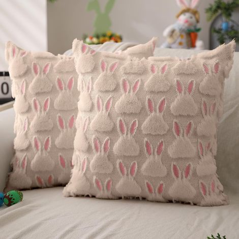 Oster-Kissenhüllen, 2er-Set, 45 × 45 cm, Osterdekoration, rosa Ohren, beiges Hasenmuster, weiche Plüsch-Kunstpelz-Kissenhülle, geeignet für Schlafzimmer, Sofa und festliche Heimdekoration
