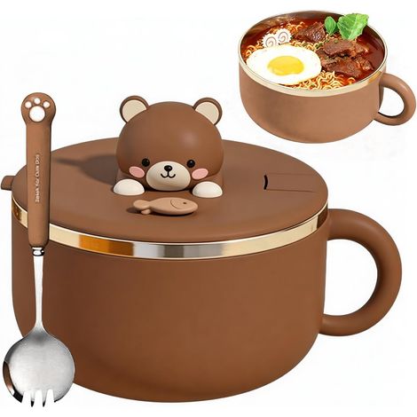 Ramen Bol avec couvercle 1200 ml - Bol à nouilles instantanées Ramen - Bol à soupe - Bol à ramen avec fourchette - Isolation thermique pour soupe, pâtes, boulettes et salades (marron) (1/5)