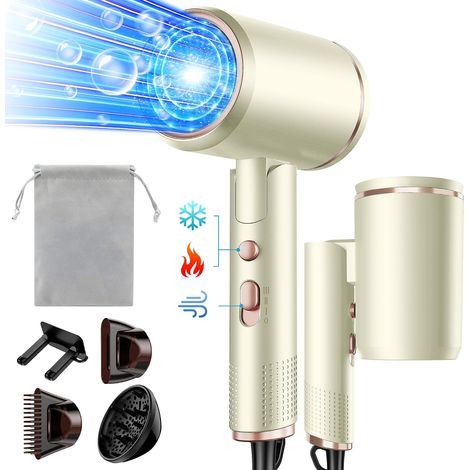 Seche Cheveux Pliable, 2400W Sèche-Cheveux Ionique avec Diffuseur, 3 températures/3 vitesses, bouton chaud/froid, pour Famille Voyage Salons de Coiffure (Beige) (1/5)