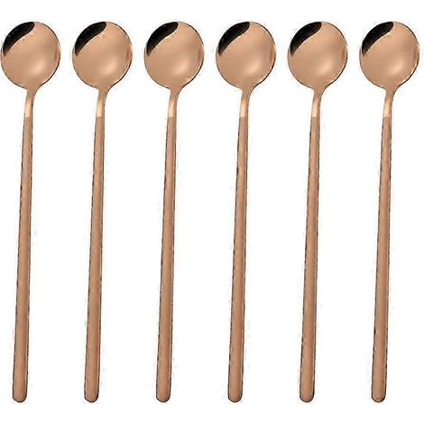 Lot de 6 cuillères rondes en acier inoxydable de 17,4 cm, mini cuillères à café à long manche, cuillères à mélanger pour le café, le sucre et les desserts, couleur or rose MEJ (1/3)