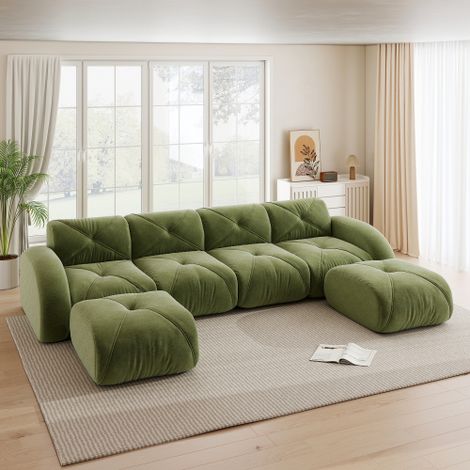 U-förmiges Modulsofa, rahmenloses Sofa, 4-Sitzer-Kombinationssofa-Set, inklusive 2 Hockern, geeignet für das Wohnzimmer, bequemer Stoff, rutschfestes Design, keine Montage erforderlich, Grünes 
WL