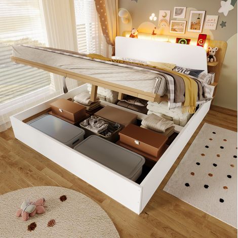 Cama 140x200 cm en pino blanco+natural, con almacenamiento hidráulico, USB y LED (1/5)