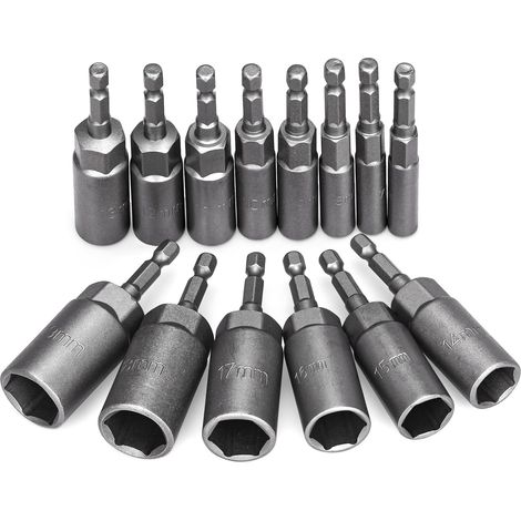 Jeu de 14 douilles à percussion pour visseuse électrique, douilles hexagonales de 6 à 19 mm, profondeur de travail de 34 mm, adaptateur pour embout 1/4" pour visseuse électrique. (1/5)