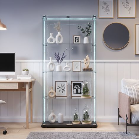 Vitrine en verre avec dispositif anti-basculement, éclairage LED multicolore, verre trempé haute définition, verrouillable, noir (1/5)