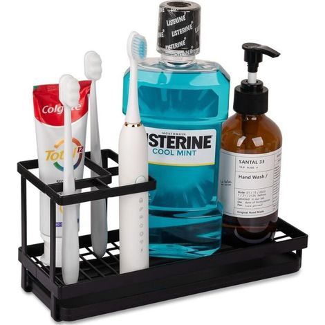 Porte-brosses à dents en acier carbone pour salle de bain, accessoire de salle de bain pour plan de travail, douche et lavabo – Noir mat (1/4)