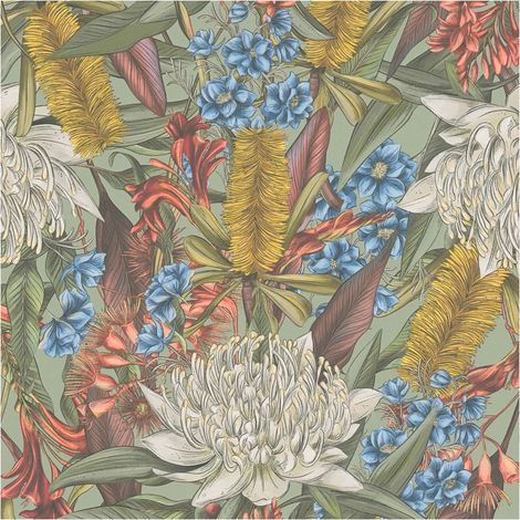 Flowers wallcovering wall Profhome 394281 hot embossed non-woven wallpaper slightly textured with floral ornaments matt green yellow blue red 5.33 m2 (1/5)