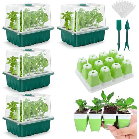 Bandeja de cultivo de semillas - 48 - Kit de cultivo interior con compartimentos - Bandejas flexibles de silicona para plántulas con cúpula de humedad y tapas elevadas de 10 cm - 10 cm (1/5)