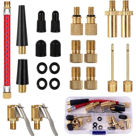 Lot de 23 Adaptateur de Valve de Vélo, Kit Embout Pompe Vélo avec Valve Auto, Valve Française, Aiguille à Ballon, Valve Conique et Boîte de Rangement pour Pneus et Ballons (1/5)