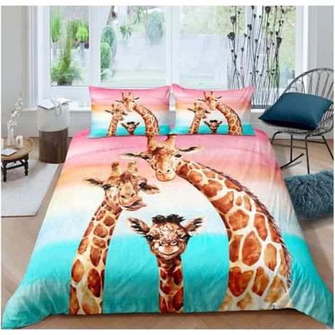 1 Housse de couette 140x200cm, microfibre, motif girafes, avec 2 taies 65x65cm, pour chambre enfants et adultes (1/3)