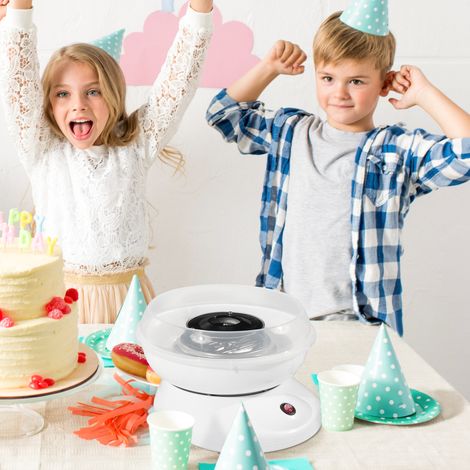 Machine à barbe à papa pour usage domestique, avec bâtonnets et cuillère doseuse, 18 cm de hauteur, 550 W, idéale pour les fêtes d'enfants, les anniversaires et autres événements, blanche. (1/5)