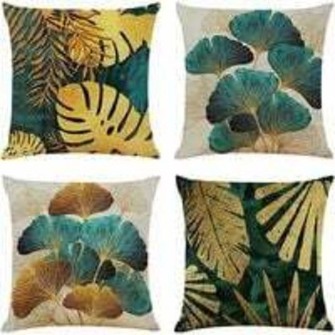 Lot de 4 Housses de Coussin 4545 cm Carrées en Feuilles Vertes et Dorées Housse Coussins de Canapé en Lin pour Taies d'oreiller de Canapé Salon