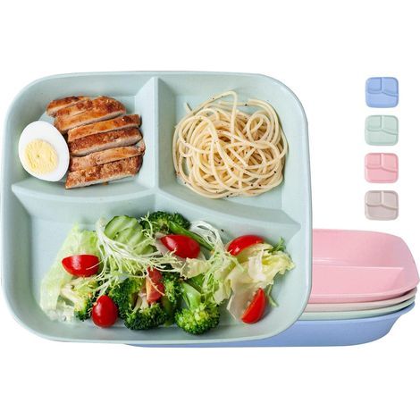 Lot de 4 Assiettes Plates Incassables 3 Compartiments,s Regime Portion, Légères, sans BPA pour Les Adultes et Les Enfants (1/5)