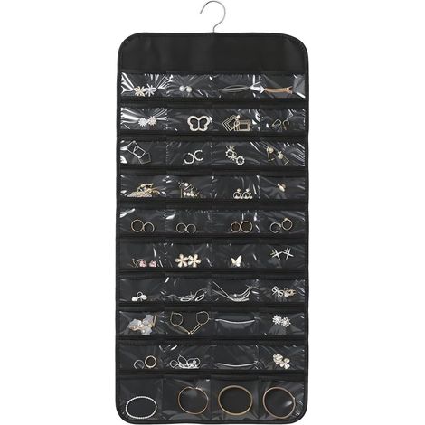 Organisateur de bijoux suspendu noir, 80 compartiments, double face, à fixer au mur, à fixer sur une porte ou à ranger dans un placard, pour boucles d'oreilles, colliers et bagues. (1/5)