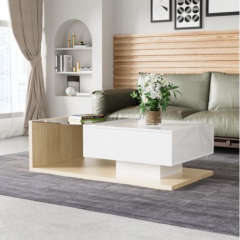 Tavolino da salotto con 1 cassetto e LED, piano in vetro, vano portaoggetti, in truciolare, naturale e bianco (1/5)