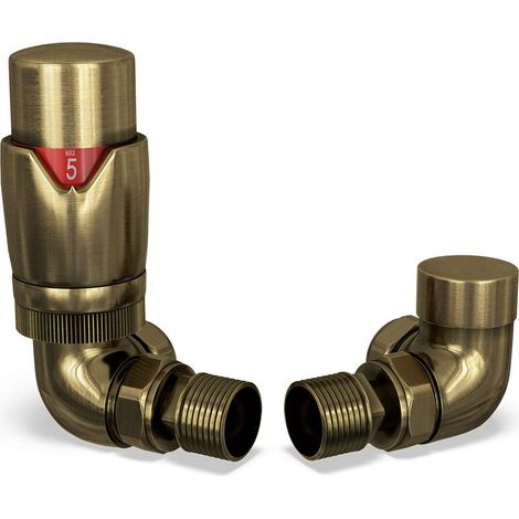 Stirling Bold - Antique Brass Thermostatic Radiator Valve & Lockshield Corner 8mm