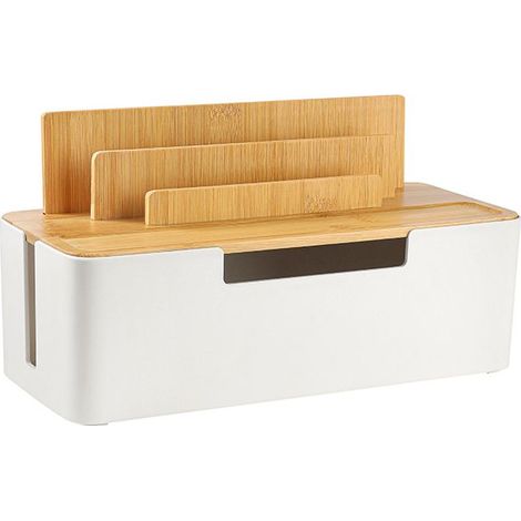 Boîte De Rangement pour Câbles avec Couvercle en Bambou, Boite Rangement Cable pour Organiser Câbles et Dissimuler, Boite Cache Cable en Matériau ABS de Sécurité pour Maison Bureau, Blanc (1/5)