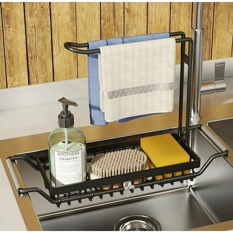 BRAVIX Organiseur d'évier de cuisine extensible pour évier de cuisine avec rail de suspension pour torchon en acier inoxydable (grand, noir) (1/5)