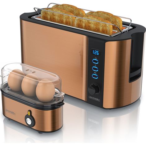Arendo Frühstücks-Set 2-teilig, 4 Scheiben Langschlitz-Toaster 1500W, 3er Eierkocher, Kupfer (1/5)