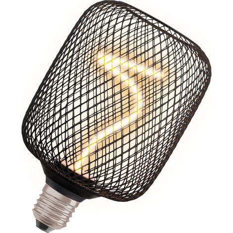 OSRAM DECOR LED carré avec filament en spiraen verre transparent noir sans plomb en blanc chaud douillet 1800K, dimmable, avecà vis E27, diamètre 100 mm.